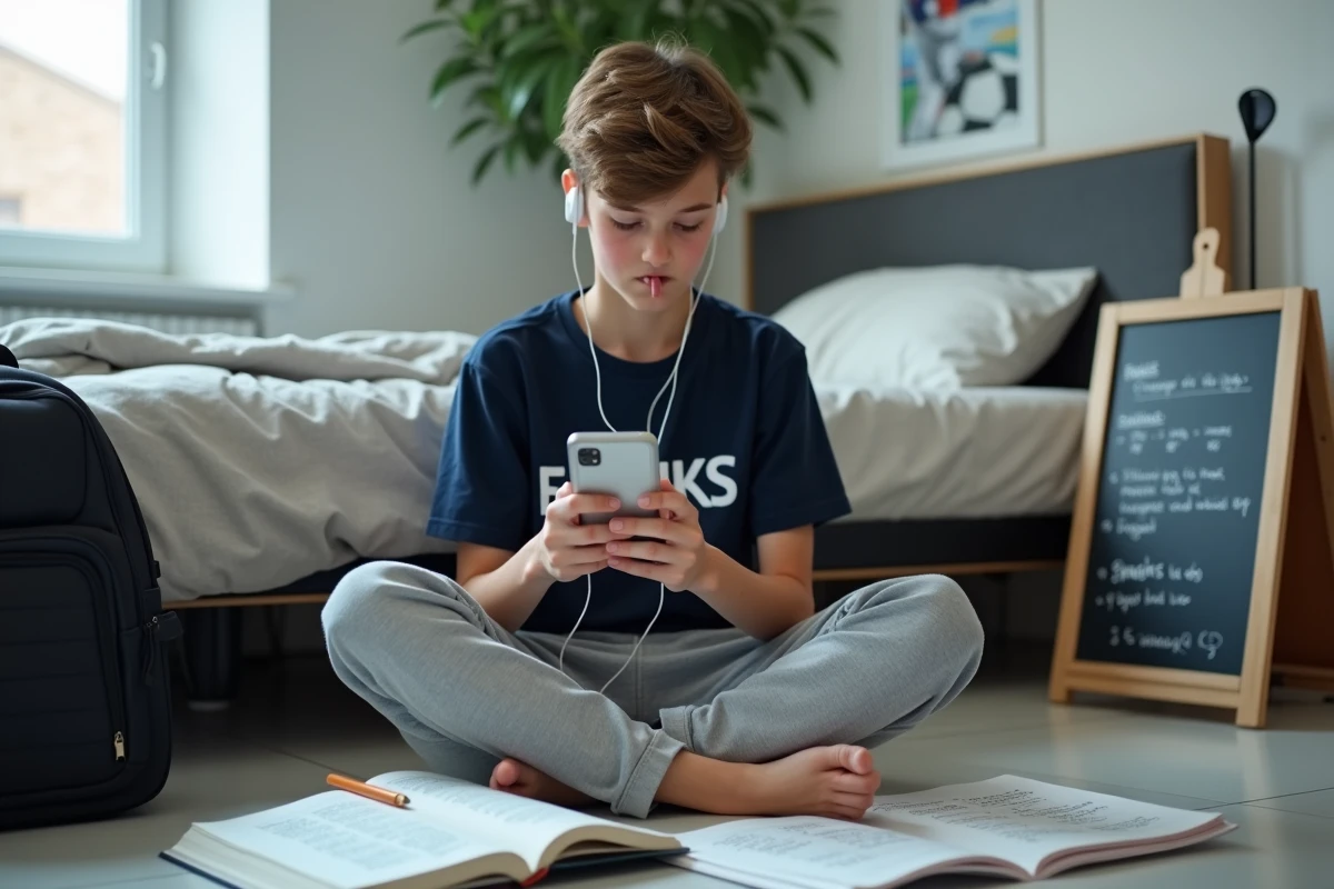 Adolescent apprenant le futur en espagnol en chantant avec des écouteurs sur le sol de sa chambre