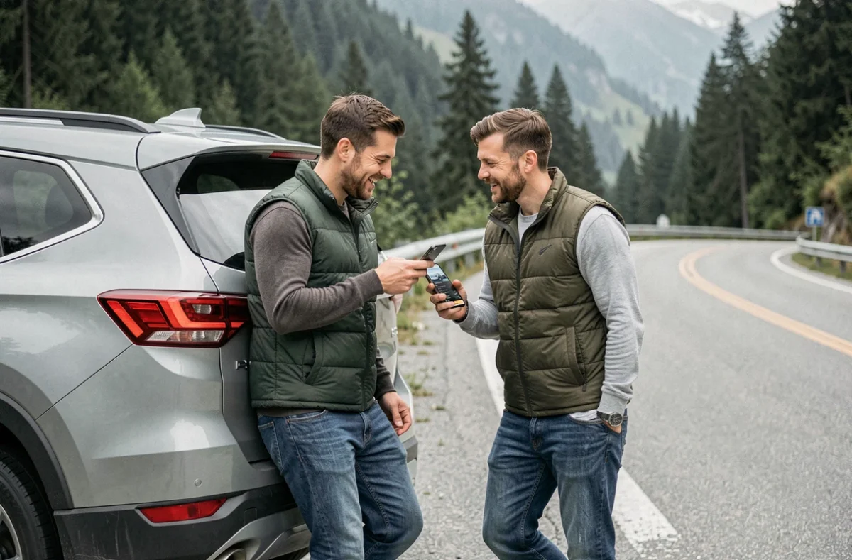 Deux amis passionnés de voitures consultant des tendances automobiles sur smartphone lors d'un road trip en montagne