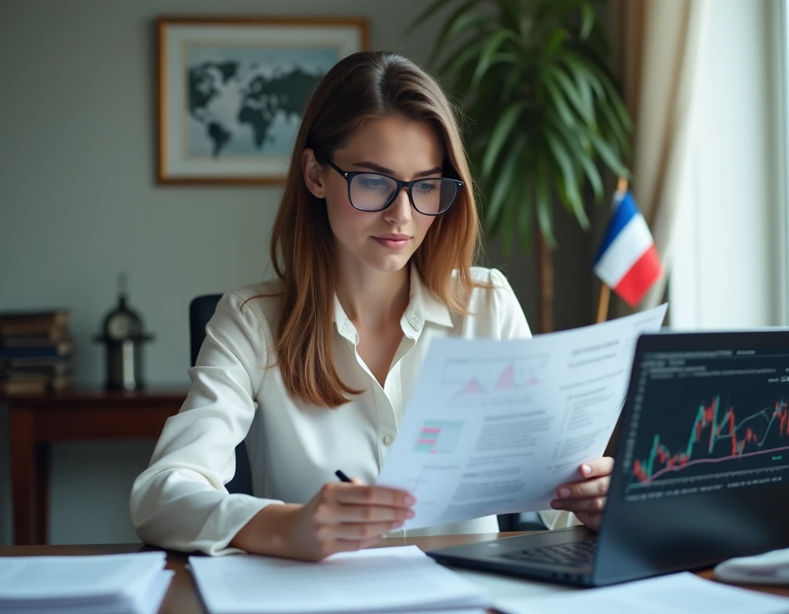 Analyste française étudiant des rapports économiques sur les perspectives d'échanges entre la France et la CEI dans un bureau diplomatique parisien
