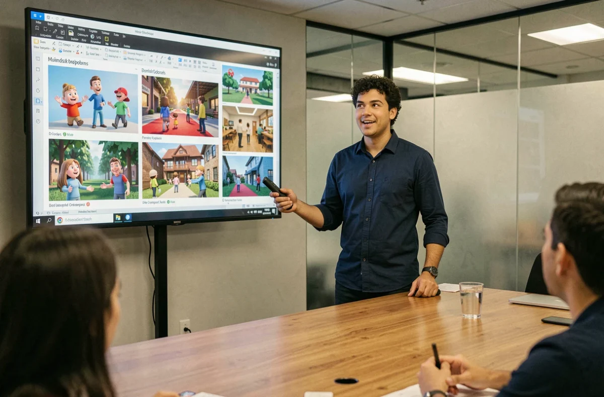 Professionnel de l'animation 3D présentant son portfolio lors d'une réunion d'équipe en salle de conférence moderne