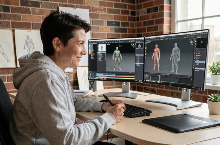 Animatrice 3D travaillant sur un logiciel de modélisation de personnages dans un studio créatif professionnel