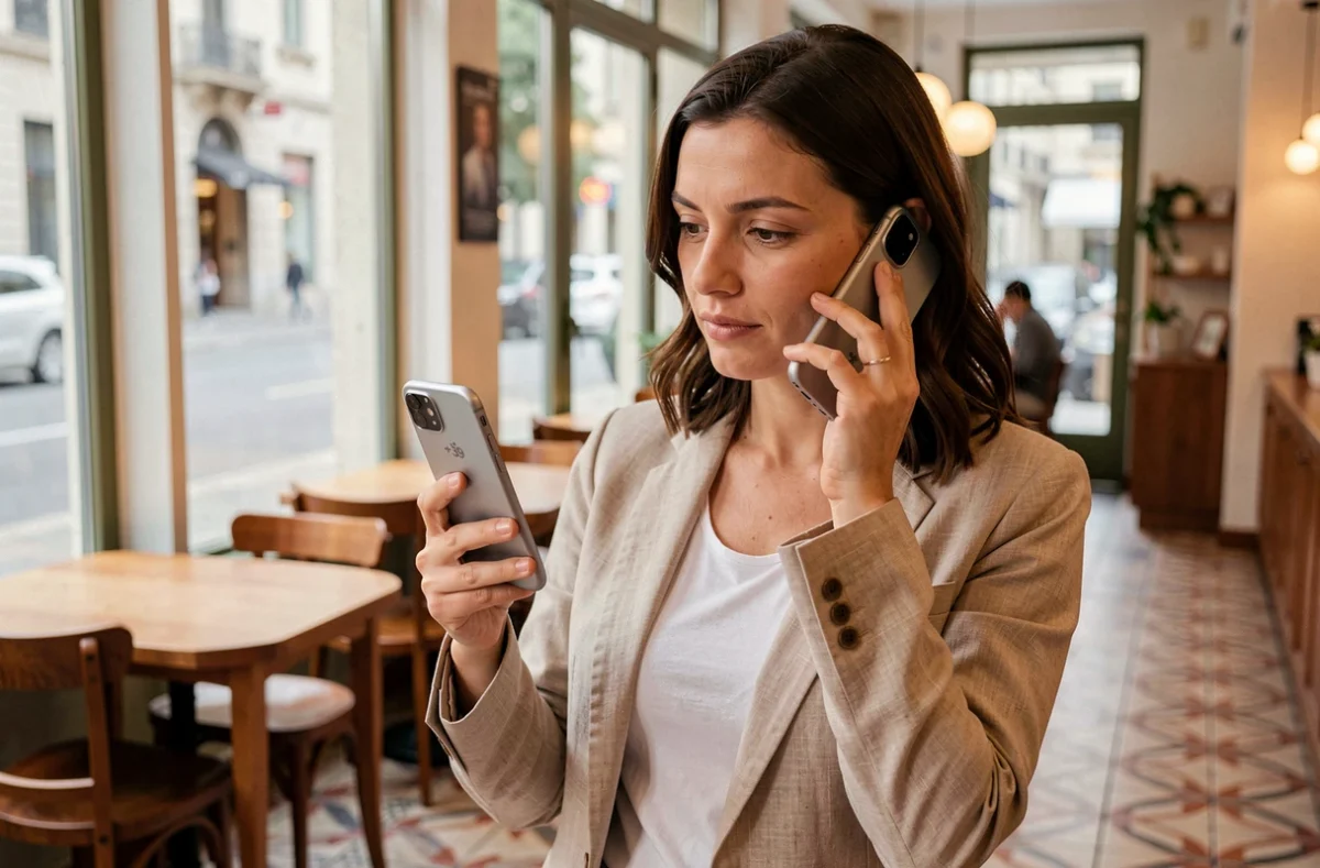 Femme regardant un appel entrant sur son smartphone affichant un indicatif téléphonique italien +39 dans un café européen