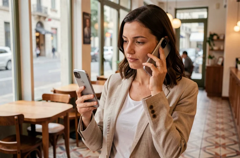 Femme regardant un appel entrant sur son smartphone affichant un indicatif téléphonique italien +39 dans un café européen