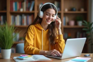 Jeune femme apprenant l'espagnol avec des chansons et des fiches de conjugaison du futur sur un bureau en bois