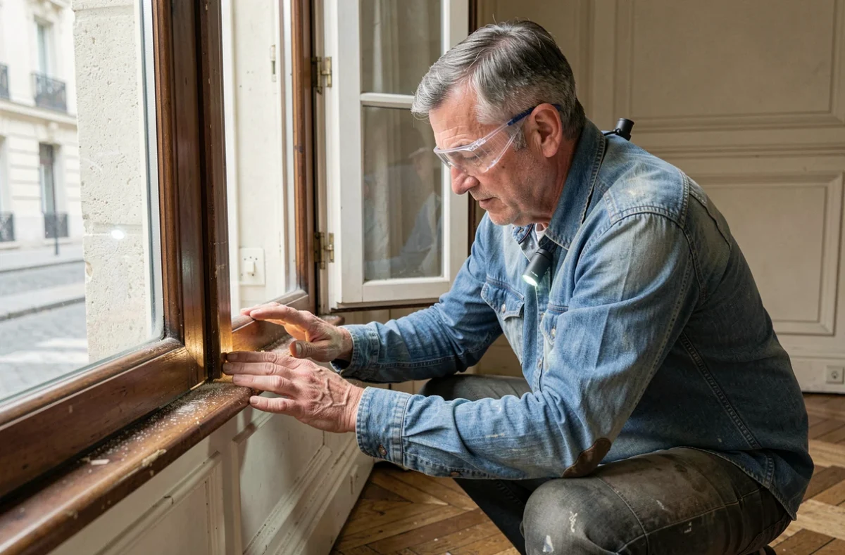 Artisan inspectant un cadre de fenêtre en bois dans un appartement haussmannien pour détecter des signes d'usure et préserver la longévité intérieure du bien immobilier