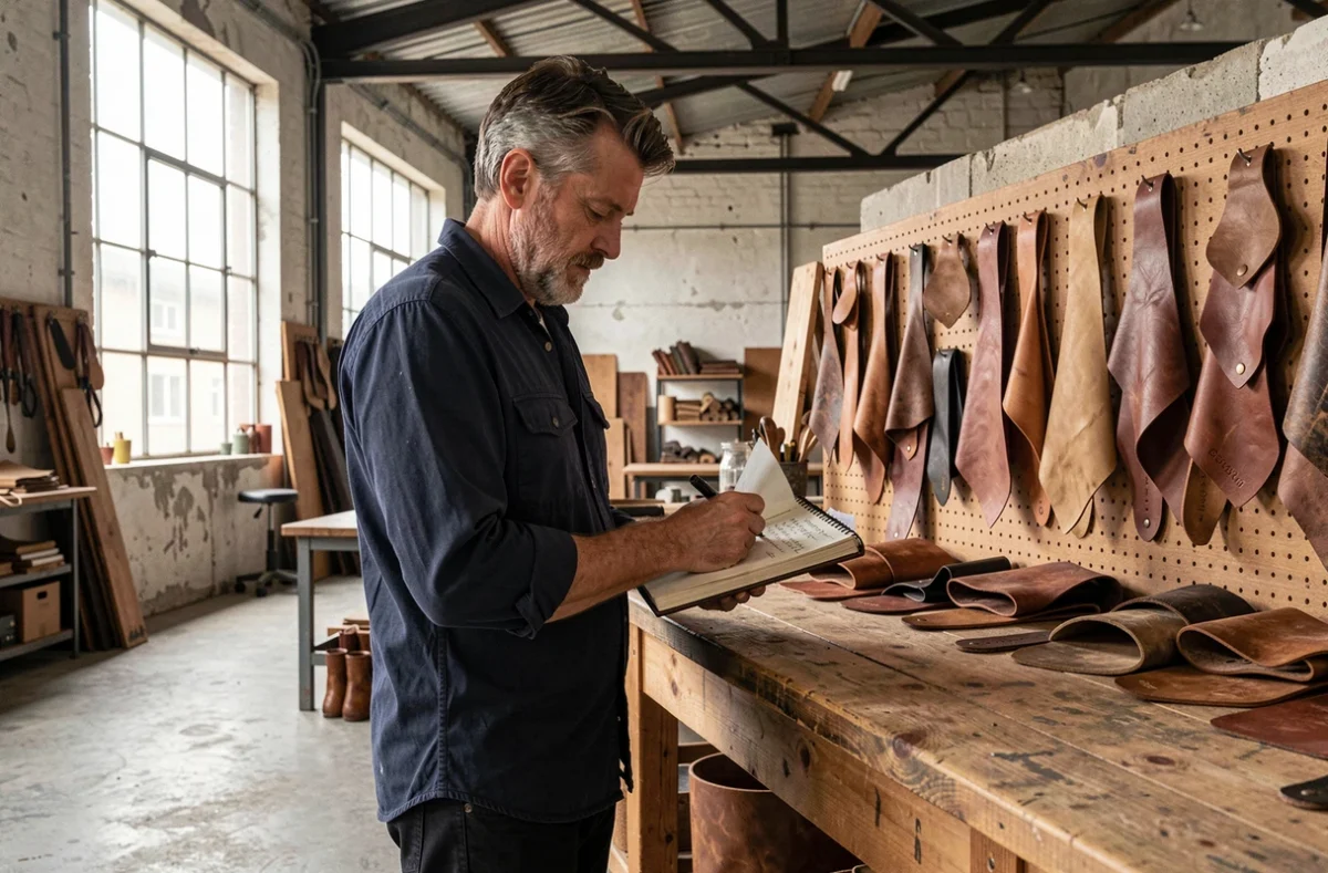 Artisan maroquinier consultant ses carnets de création dans un atelier singulier en entrepôt réhabilité avec des créations en cuir exposées