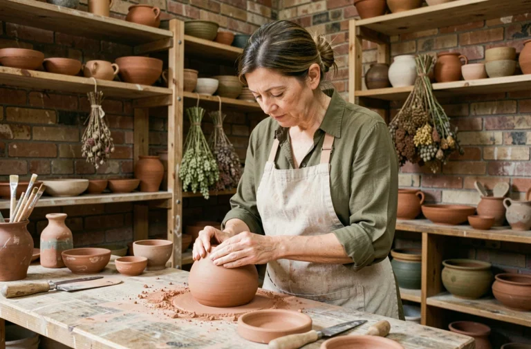 Artisane façonnant une poterie en argile dans son atelier singulier aux murs de brique, outils et créations uniques en arrière-plan