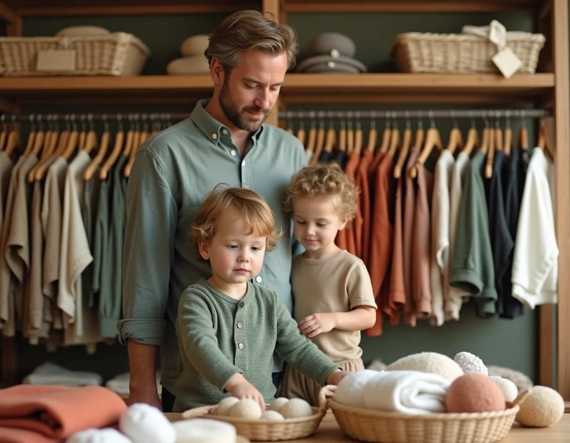Père et fils découvrant des vêtements enfants éthiques et accessoires certifiés GOTS dans une boutique éco-responsable avec des matières naturelles