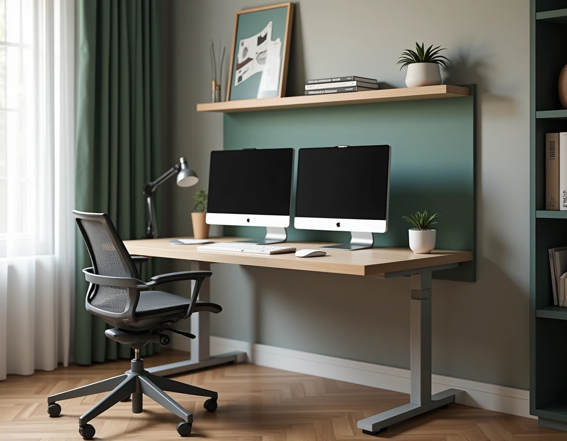 Bureau à domicile tendance 2024 avec bureau assis-debout en frêne, chaise ergonomique et panneaux acoustiques verts