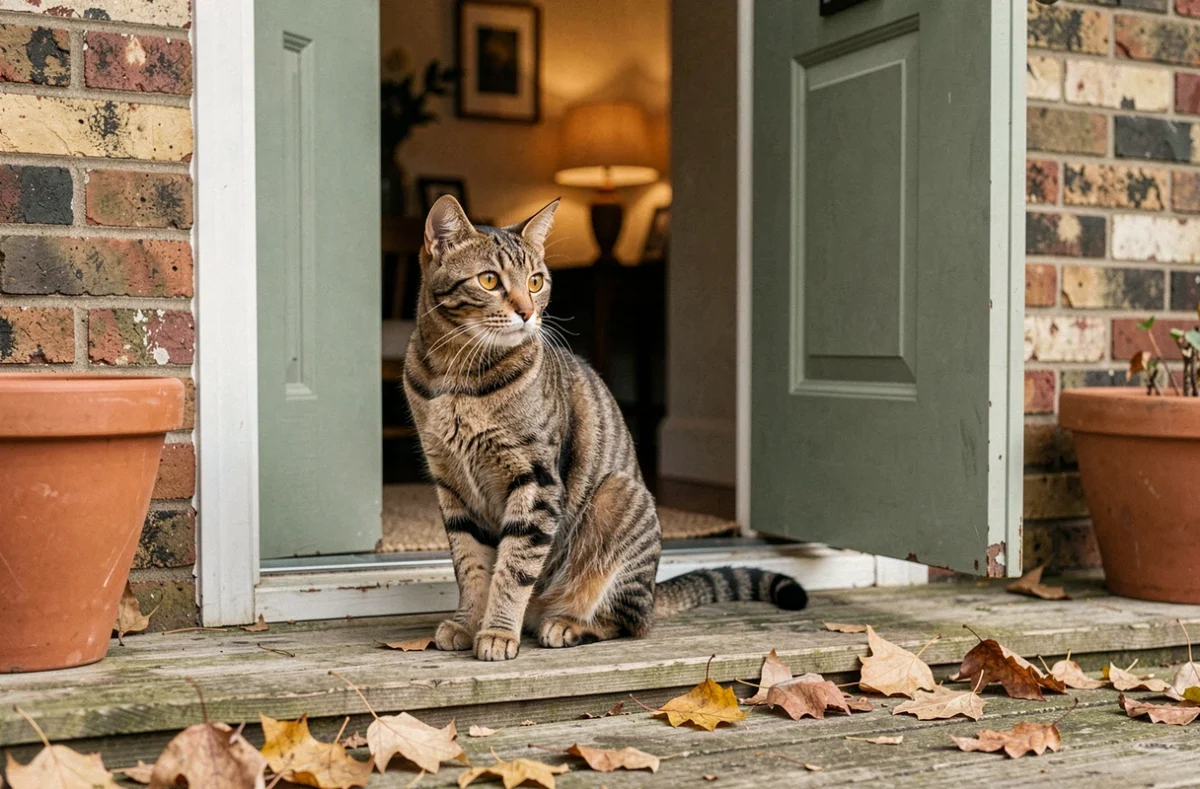 Un chat tigré inconnu assis sur le pas de la porte d'une maison, regardant à l'intérieur avec curiosité