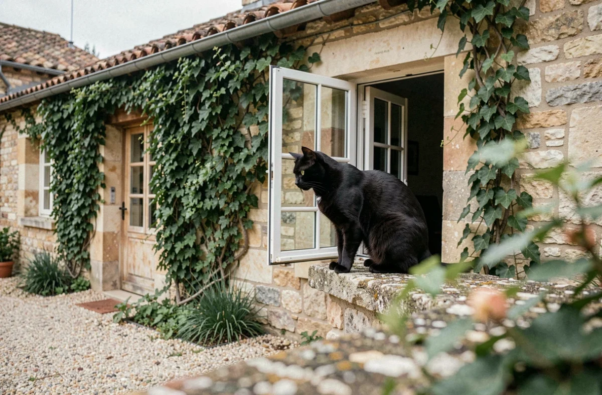 Un chat noir inconnu perché sur un mur de pierre observe l'intérieur d'une maison de campagne à travers une fenêtre ouverte