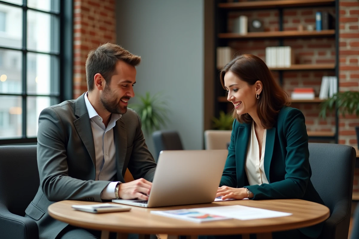 Deux professionnels, un homme et une femme, collaborant autour d'une table dans un espace de travail moderne