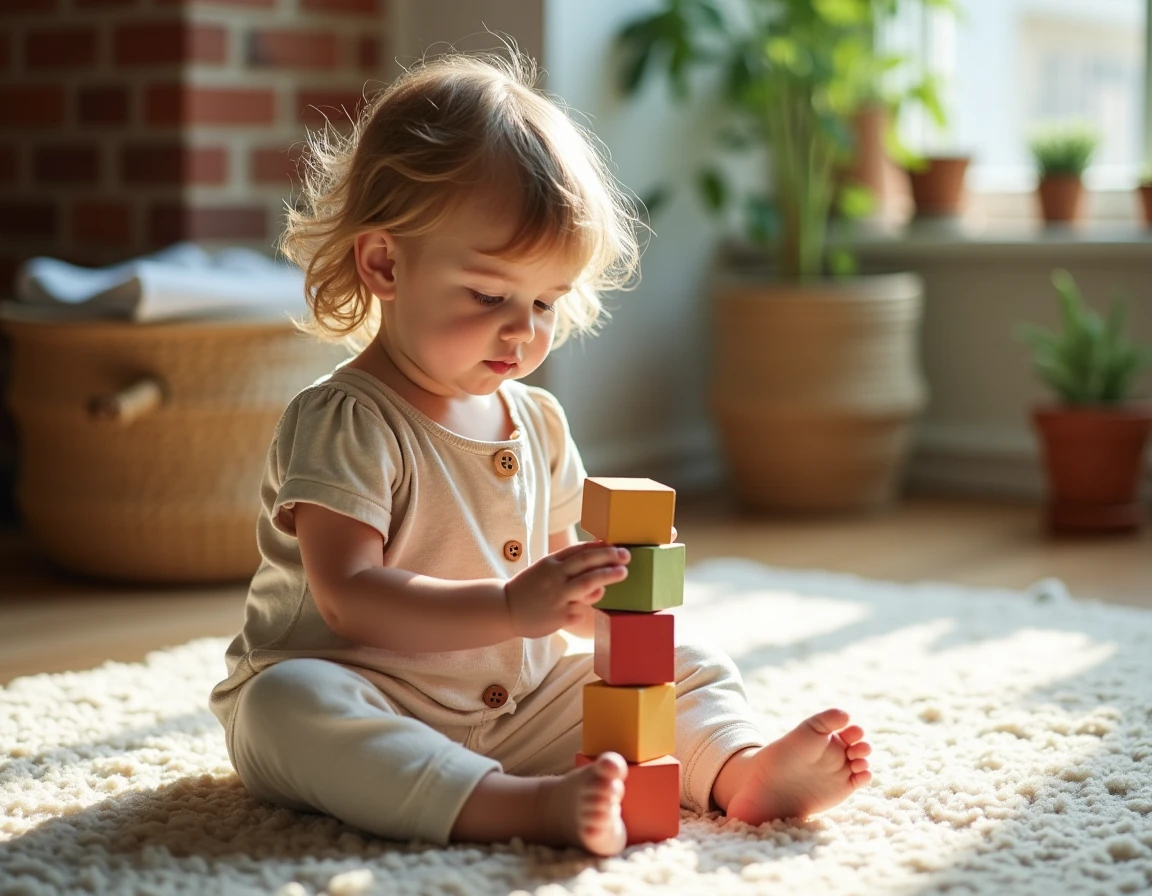 Petite fille en combinaison éthique en coton et chanvre jouant avec des jouets en bois dans un intérieur chaleureux avec des vêtements certifiés écologiques