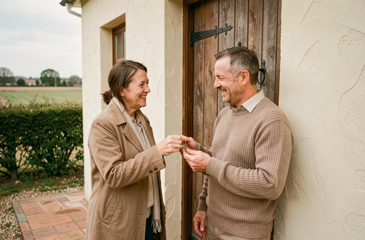 Couple heureux devant leur nouvelle maison rénovée à Plaintel, remise des clés et projet immobilier en Bretagne