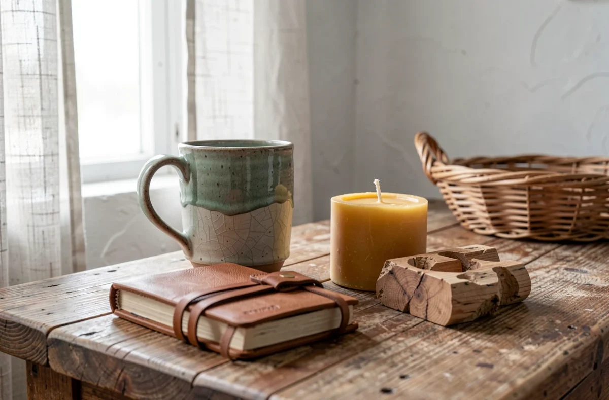 Zoom sur des créations artisanales uniques de L'Atelier Singulier : céramique, cuir, bois et bougie disposés sur une table en chêne brut