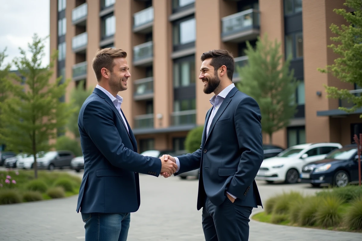 Deux hommes se serrant la main devant un immeuble moderne