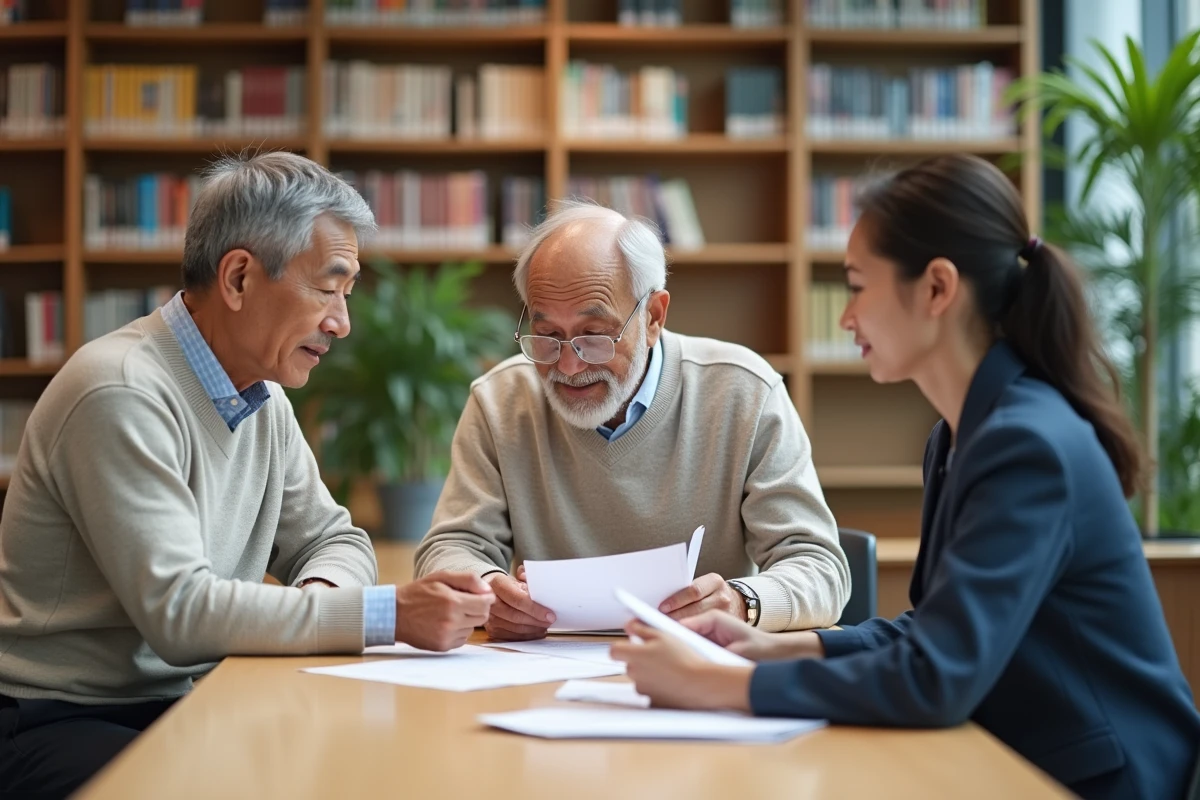 Deux seniors discutant avec une bibliothecaire dans une bibliothèque moderne