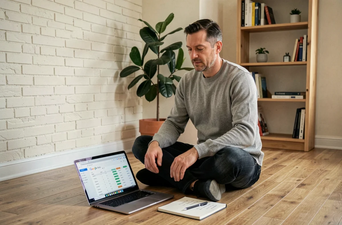 Entrepreneur travaillant depuis chez lui sur l'optimisation de son budget publicitaire Google Ads