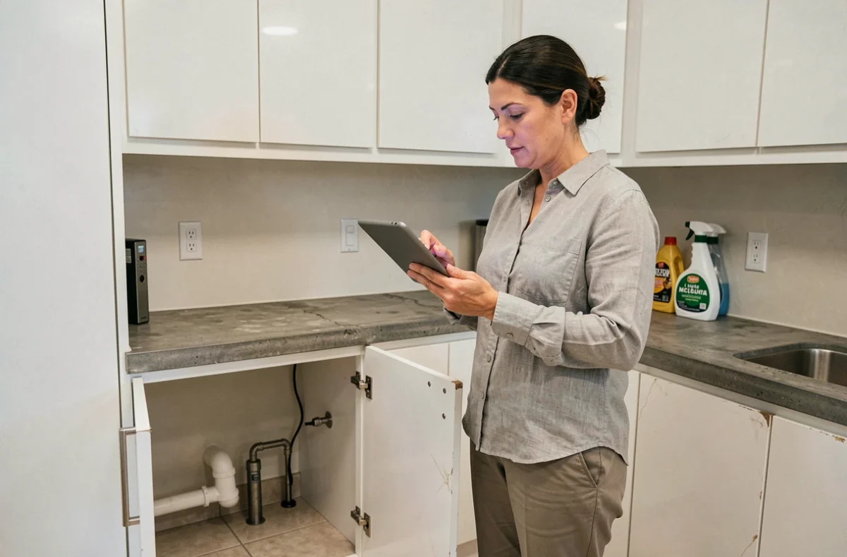 Femme consultant une liste d'entretien préventif dans une cuisine moderne pour optimiser la longévité des installations intérieures de son bien immobilier
