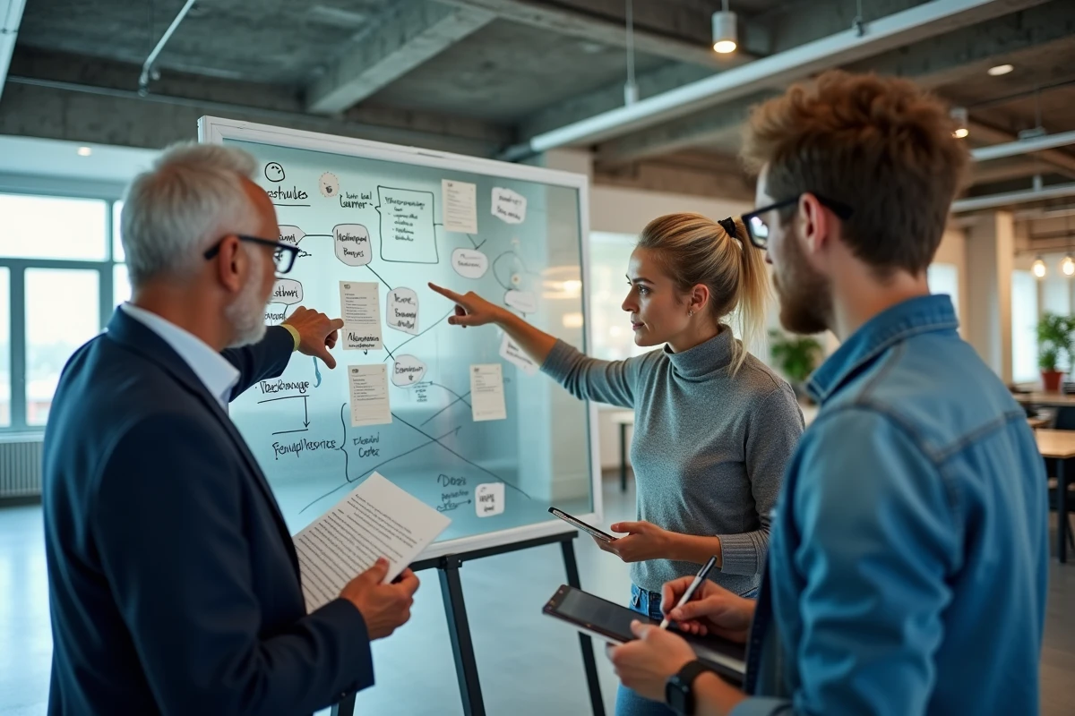 Équipe de professionnels collaborant autour d'un tableau blanc pour élaborer un business plan en coworking