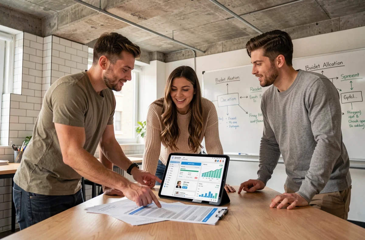 Équipe marketing startup en réunion discutant de la répartition du budget publicitaire digital