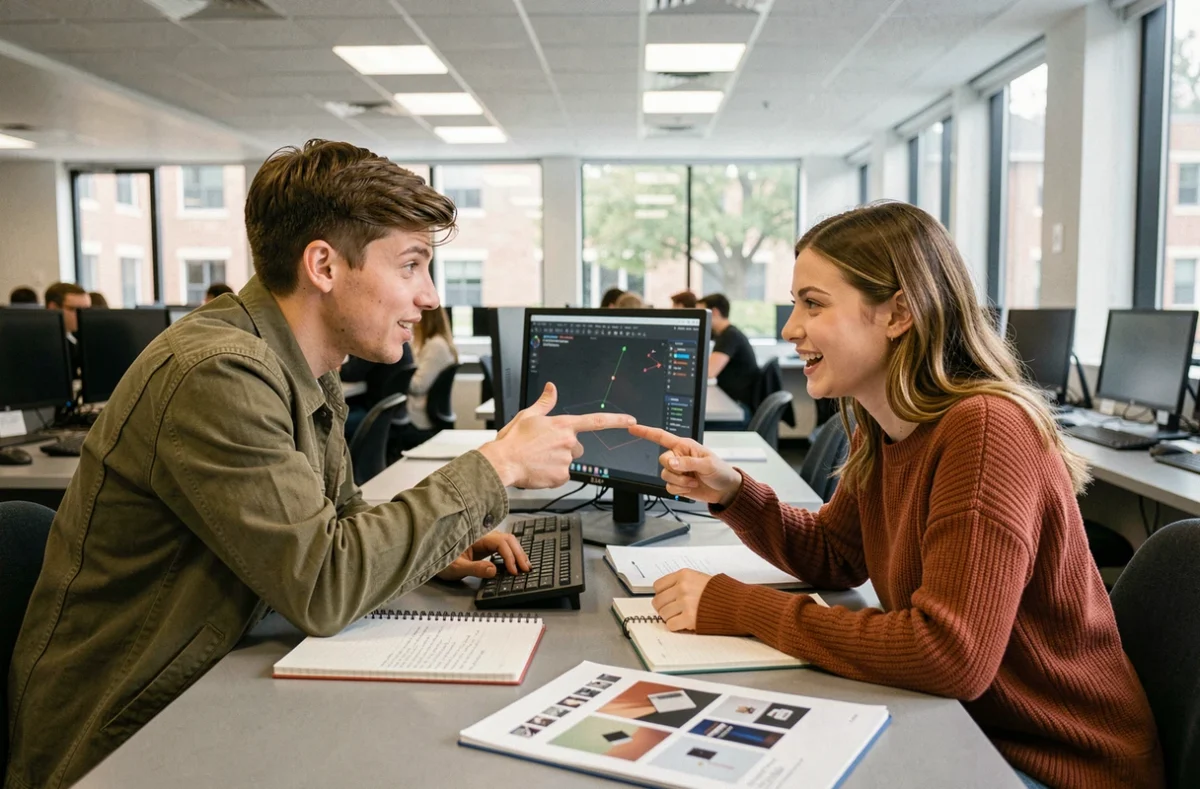 Deux étudiants en formation d'animateur 3D collaborant sur un projet de modélisation dans un laboratoire informatique universitaire