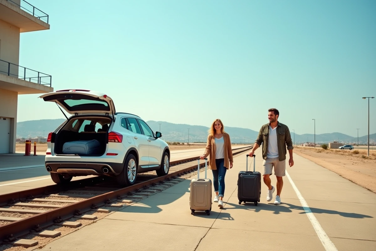 Une famille décharge ses bagages d'un SUV à l'arrivée de l'auto train en gare de Marseille avec vue sur le terminal ferroviaire