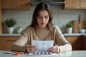 Jeune femme vérifiant étiquettes médicaments allergie
