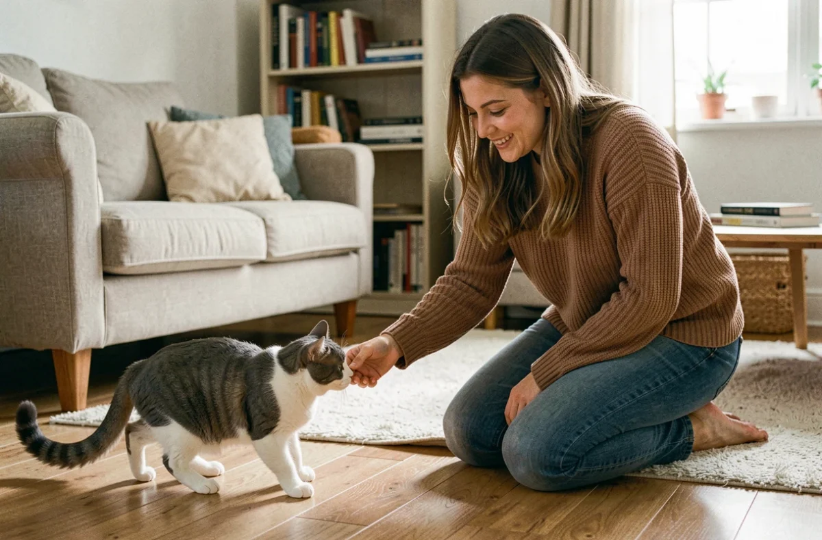 Une femme tend la main vers un chat inconnu entré dans son appartement, essayant de l'apprivoiser