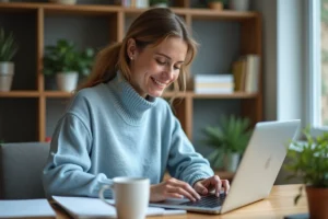 Femme au bureau à domicile travaillant sur son ordinateur