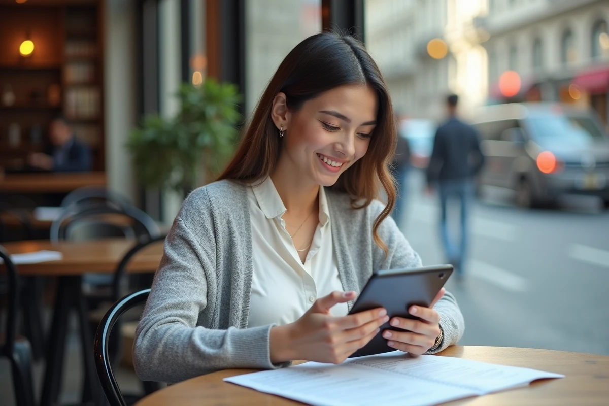 Femme utilisant une tablette dans un café en ville
