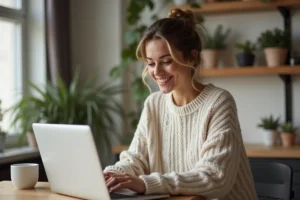Jeune femme souriante en sweater regardant son ordinateur