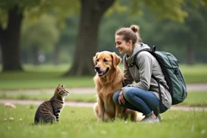 Jeune femme avec chien et chat dans un parc verdoyant