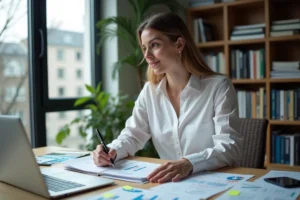 Femme entrepreneur concentrée en train de rédiger un business plan sur son bureau avec des documents financiers et un ordinateur portable