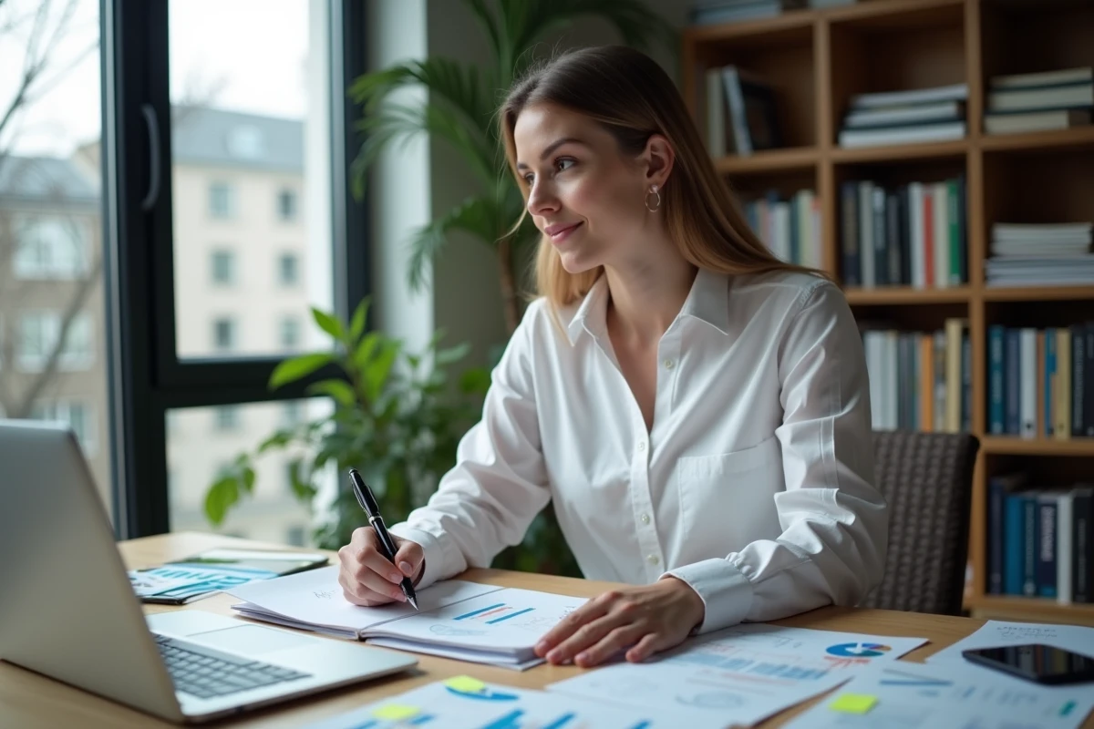 Femme entrepreneur concentrée en train de rédiger un business plan sur son bureau avec des documents financiers et un ordinateur portable