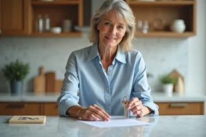 Femme détendue tenant des clés et des documents immobiliers