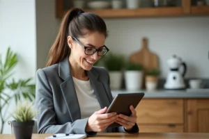 Femme lisant une newsletter sur tablette dans une cuisine moderne