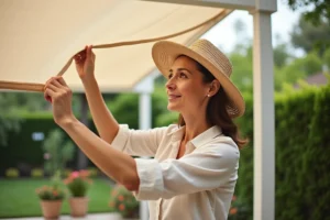 Femme ajustant une toile d'ombrage sous pergola en jardin