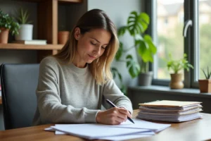 Femme d'âge moyen organise ses papiers financiers dans un bureau moderne