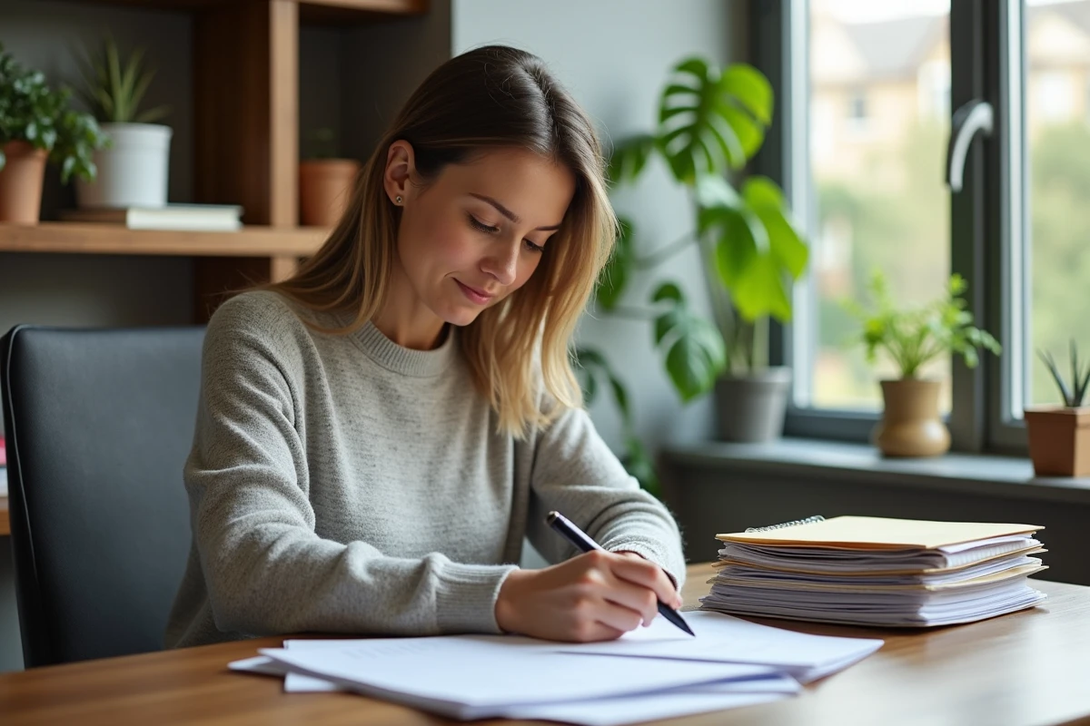 Femme d'âge moyen organise ses papiers financiers dans un bureau moderne