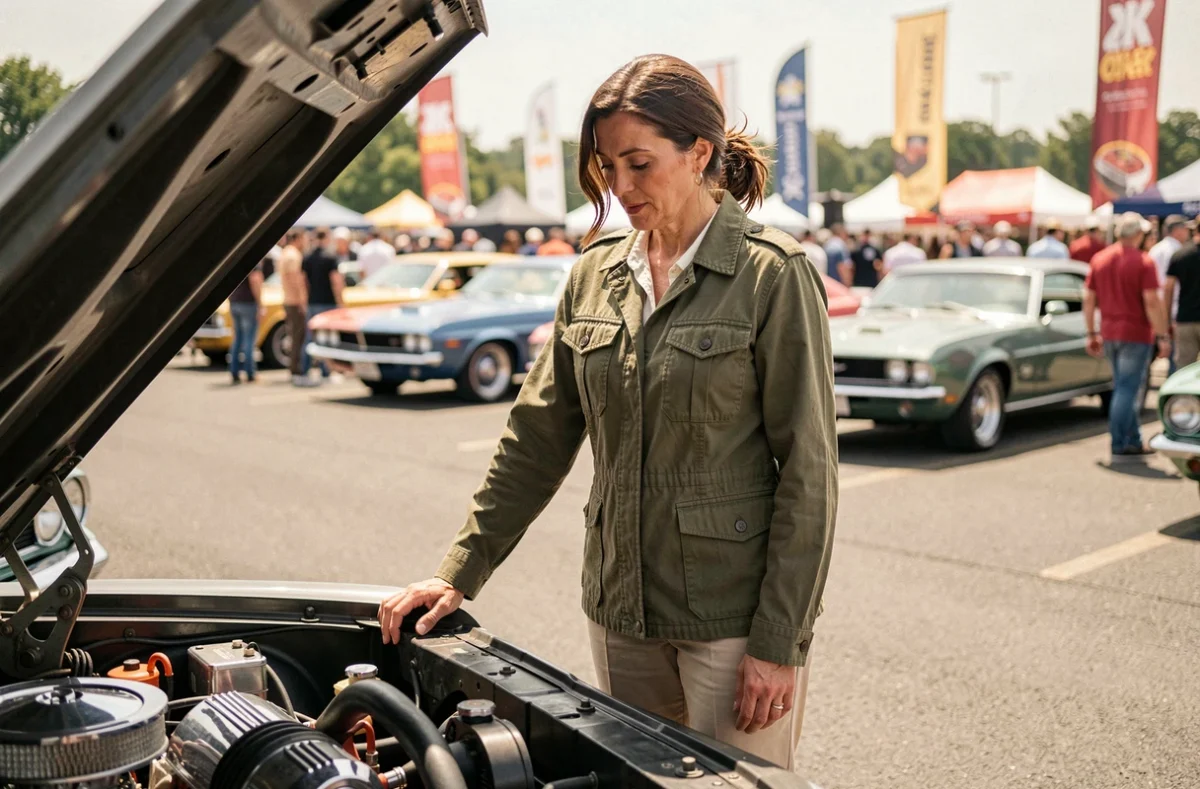 Femme passionnée inspectant le moteur d'une muscle car classique lors d'un salon automobile en plein air