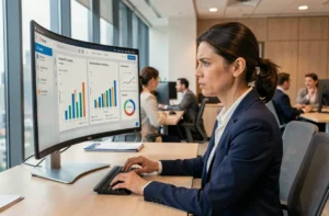 Professionnelle en bureau analysant des données de budget publicitaire en ligne sur un grand écran incurvé