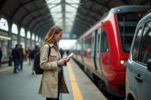 Une femme consulte son billet sur le quai d'une gare parisienne devant un train auto avec sa voiture en chargement