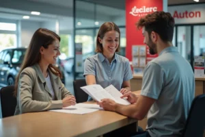 Jeune femme souriante au service auto Leclerc