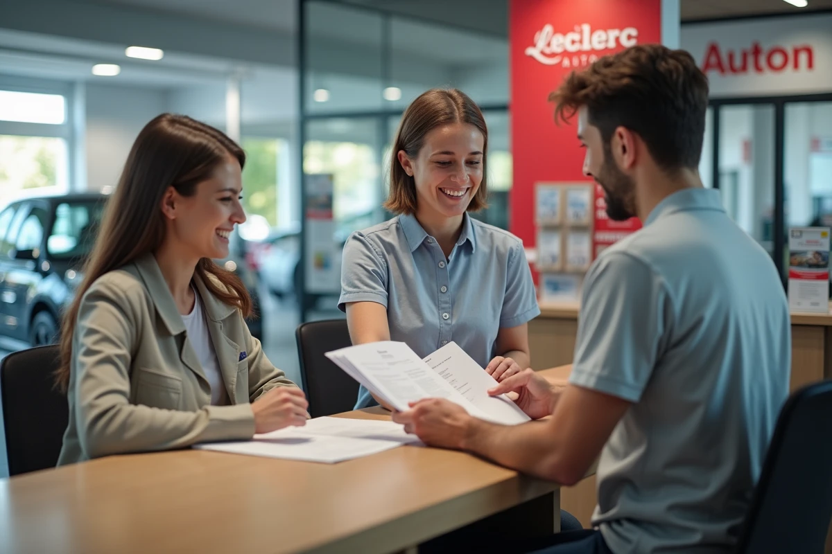 Jeune femme souriante au service auto Leclerc