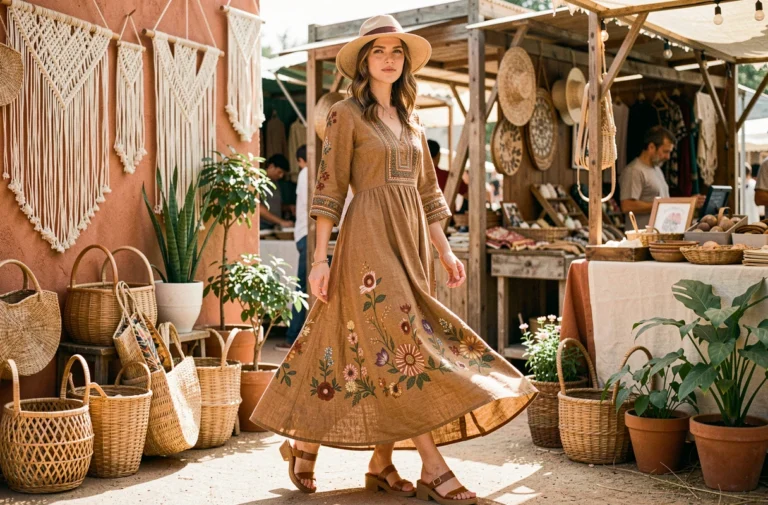 Femme en robe maxi bohème fleurie brodée avec chapeau à larges bords et sandales en cuir dans un marché artisanal style hippie années 70