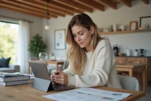 Femme utilisant une tablette dans un intérieur moderne