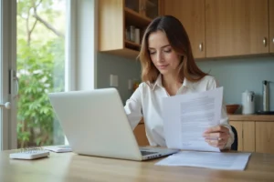 Femme en bureau à domicile examinant un contrat