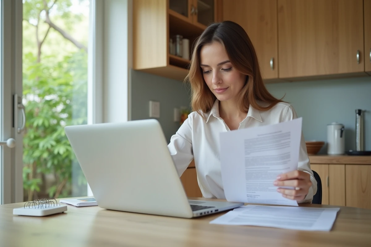 Femme en bureau à domicile examinant un contrat