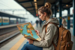 Femme regardant une carte du monde sur une plateforme de train